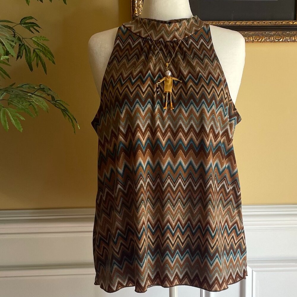 I.N. San Francisco Size L Women's Halter Top Brown Aqua Gold Chevron Print